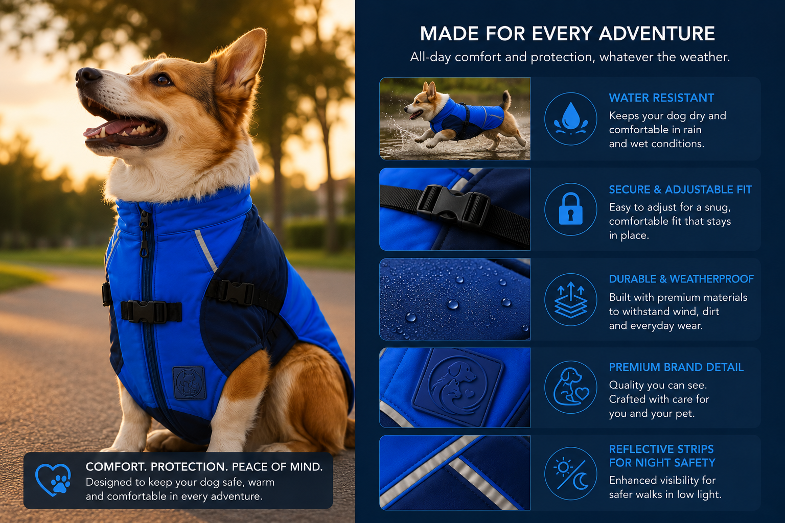 Waterproof Dog Jacket Reflective Lightweight Rain Coat Adjustable Medium Blue - Image 3